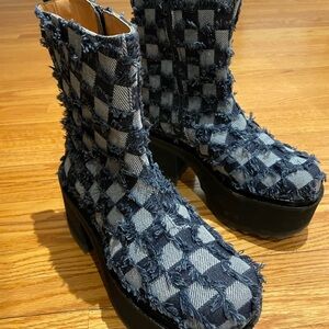 John Fleuvog blue frayed denim checkered Boots with Chunky Sole